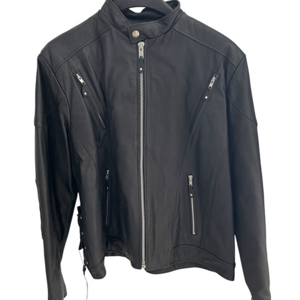 Wilsons Leather Mens XL Black Leather Motorcycle Cafe Racer Jacket Side Lace Up - Picture 1 of 8